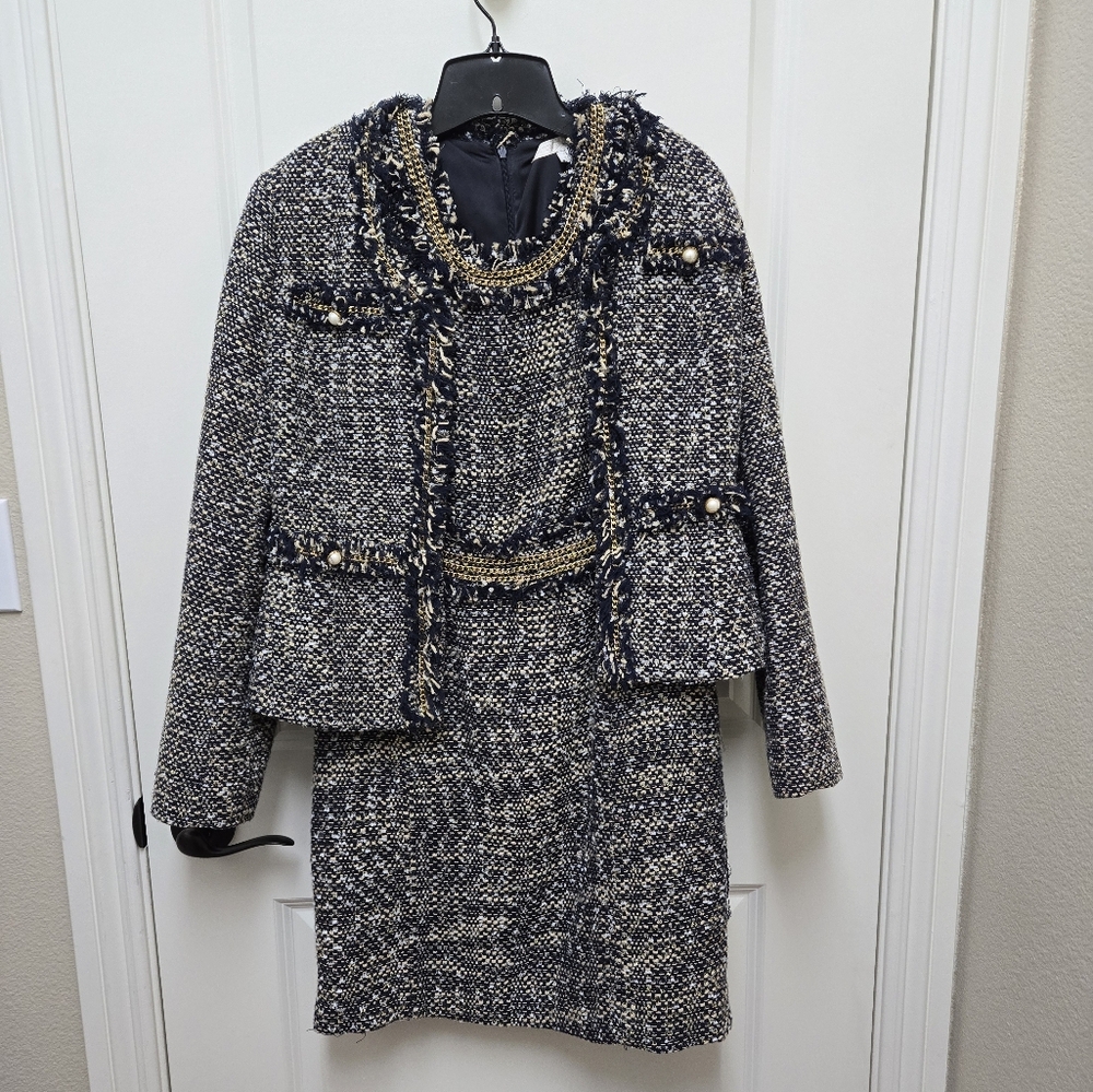 Boston Proper Dress with Blazer Navy Blue Tweed Fringe Trim Pearl Gold